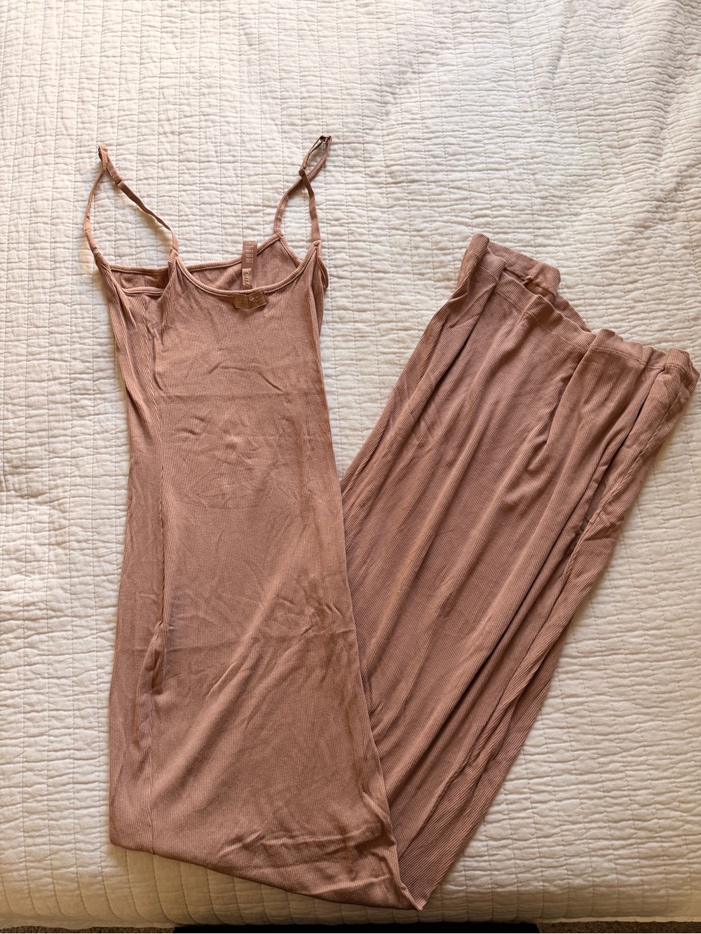 SKIMS Ribbed Slip Dress and Maxi Skirt Set in nude